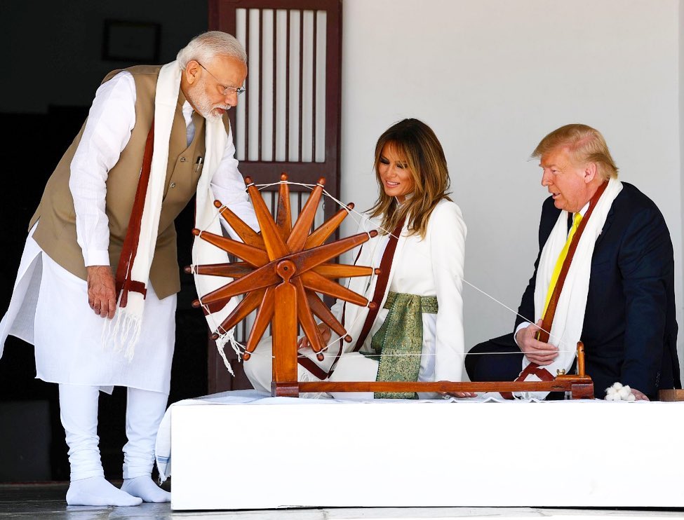 PM Modi with former president of USA Donald Trump and his wife at Sabarmati Ashram in Ahmedabad in February 2020