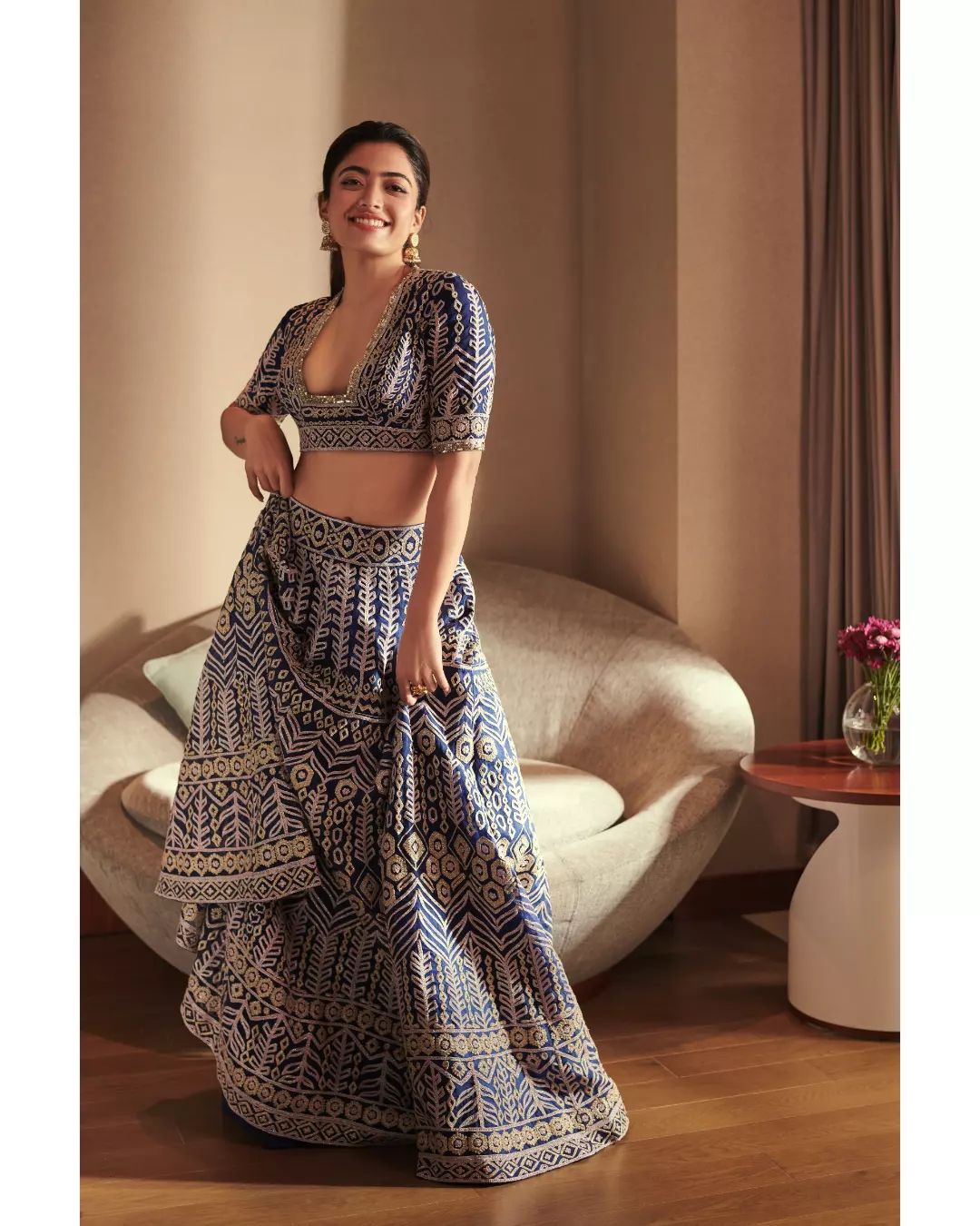 Rashmika Mandanna looks regal in the embellished blue lehenga