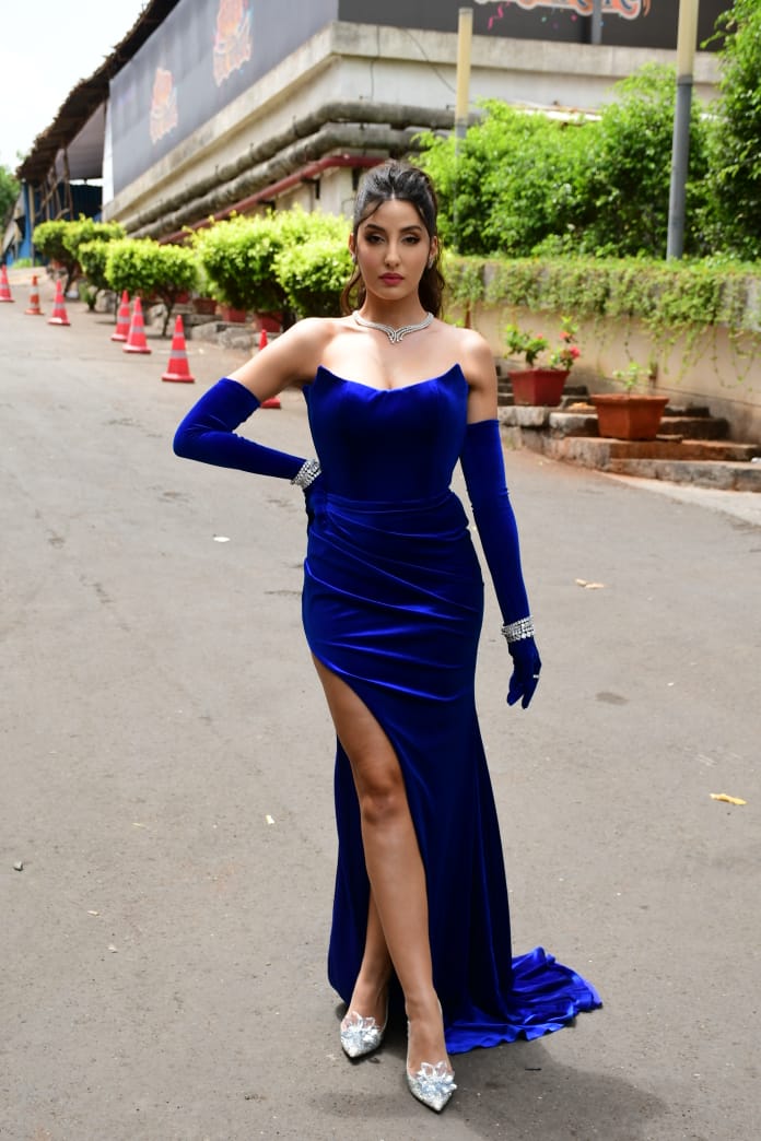 Nora Fatehi was a picture of elegance in the off-shoulder blue velvet gown