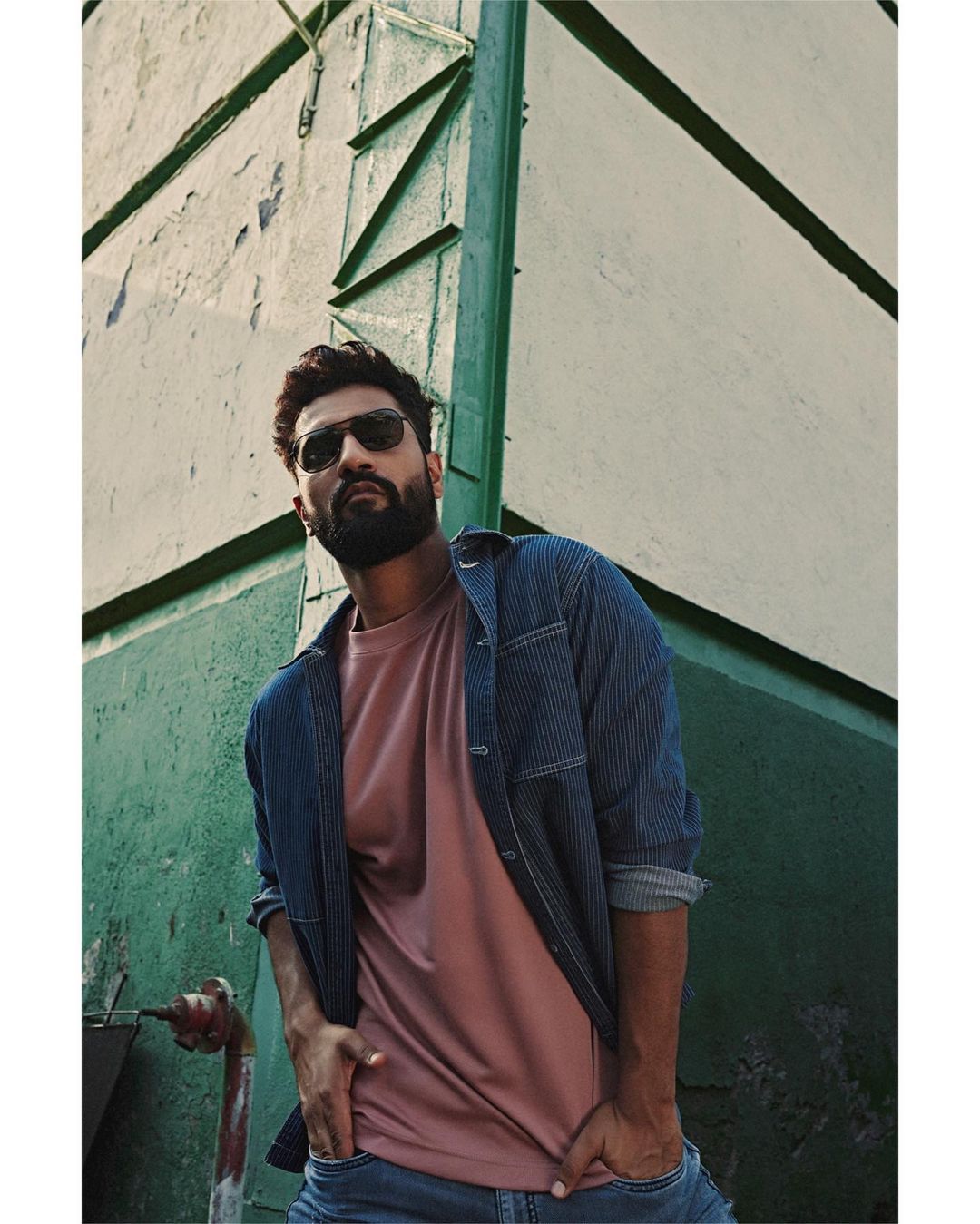 Vicky Kaushal strikes a pose in the lilac tee and denim shirt