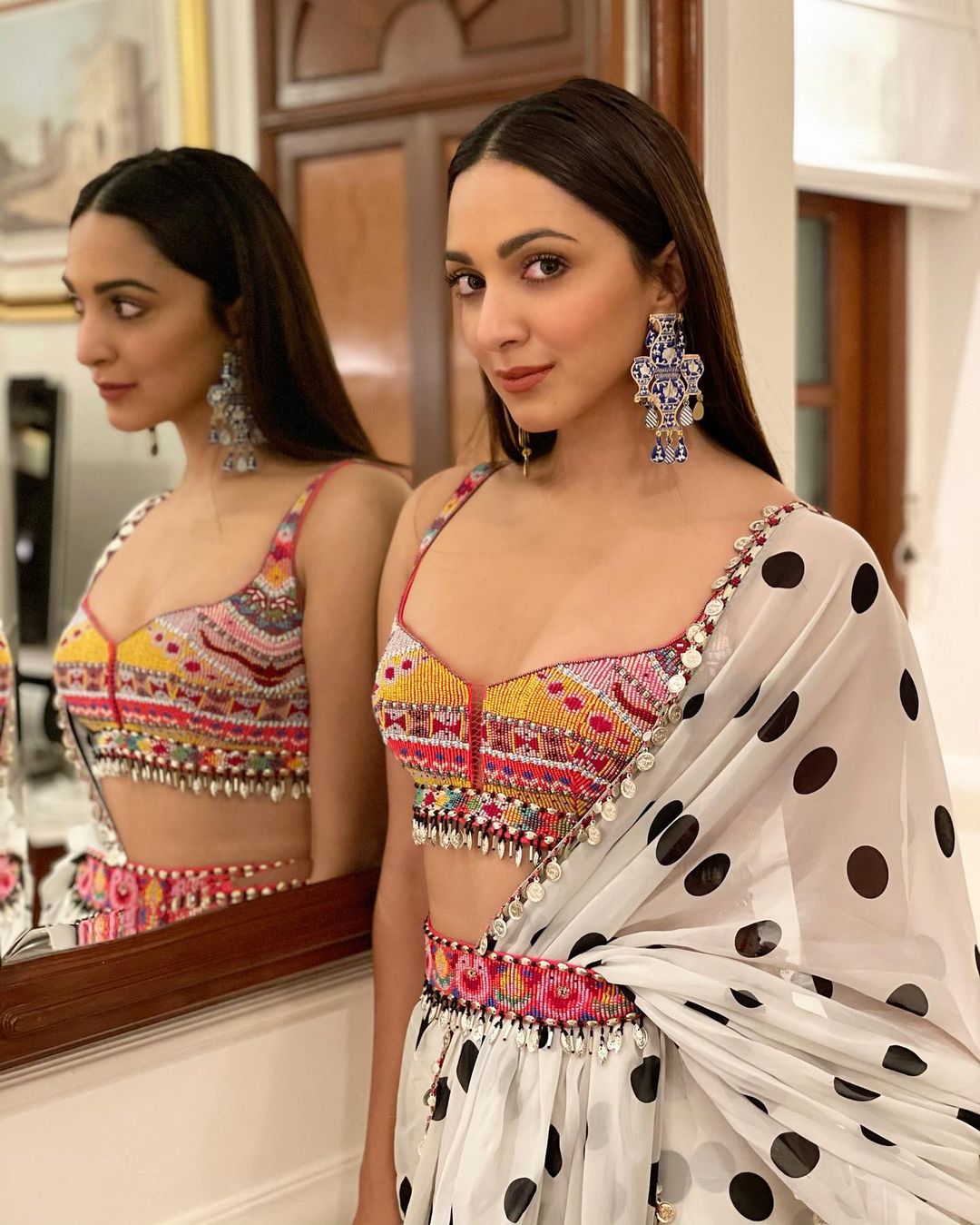 Kiara Advani pairs the chiffon polka dot saree with a multicoloured beaded blouse