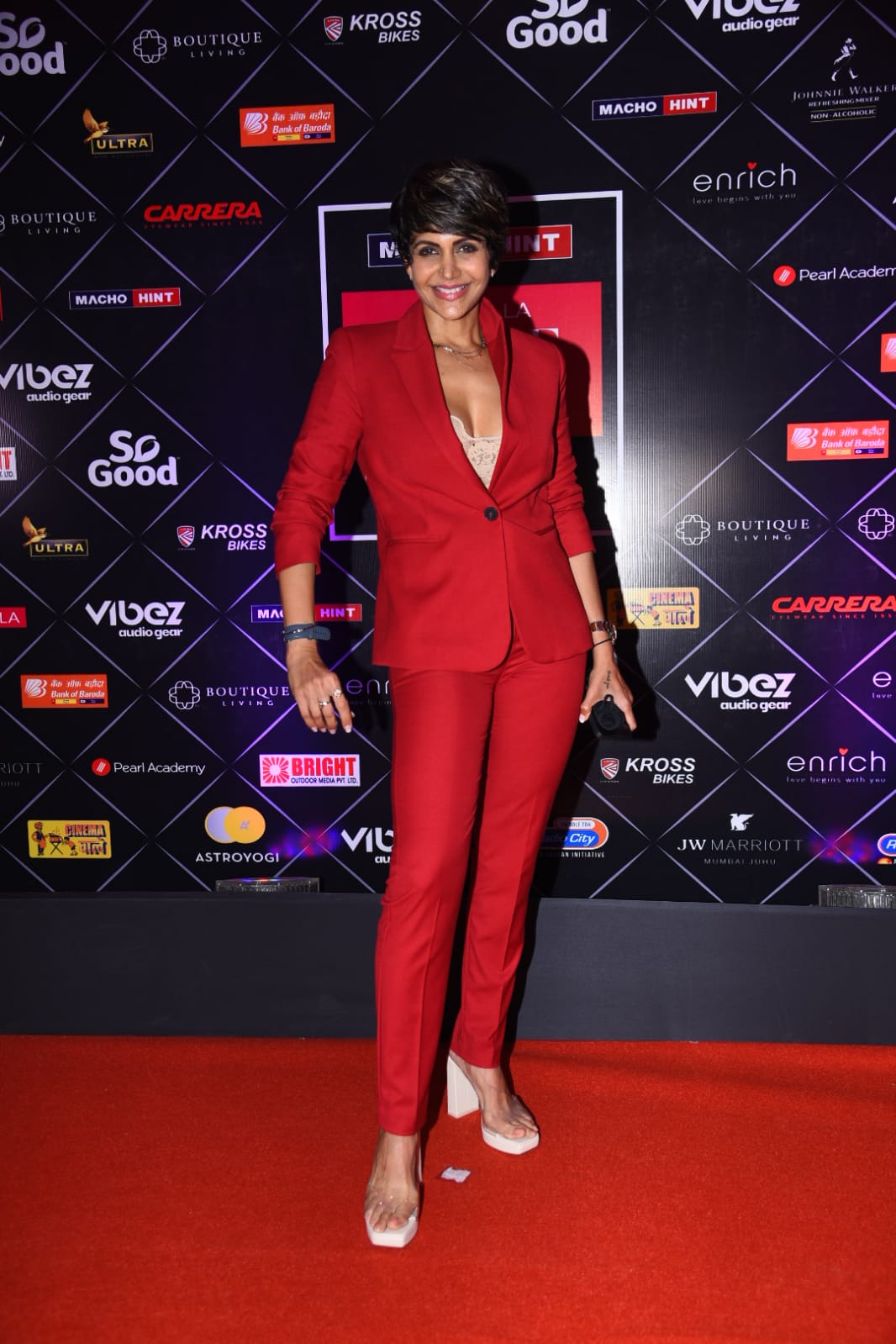 Mandira Bedi looks uber chic in a red pantsuit at the Pinkvilla Style Icons Awards