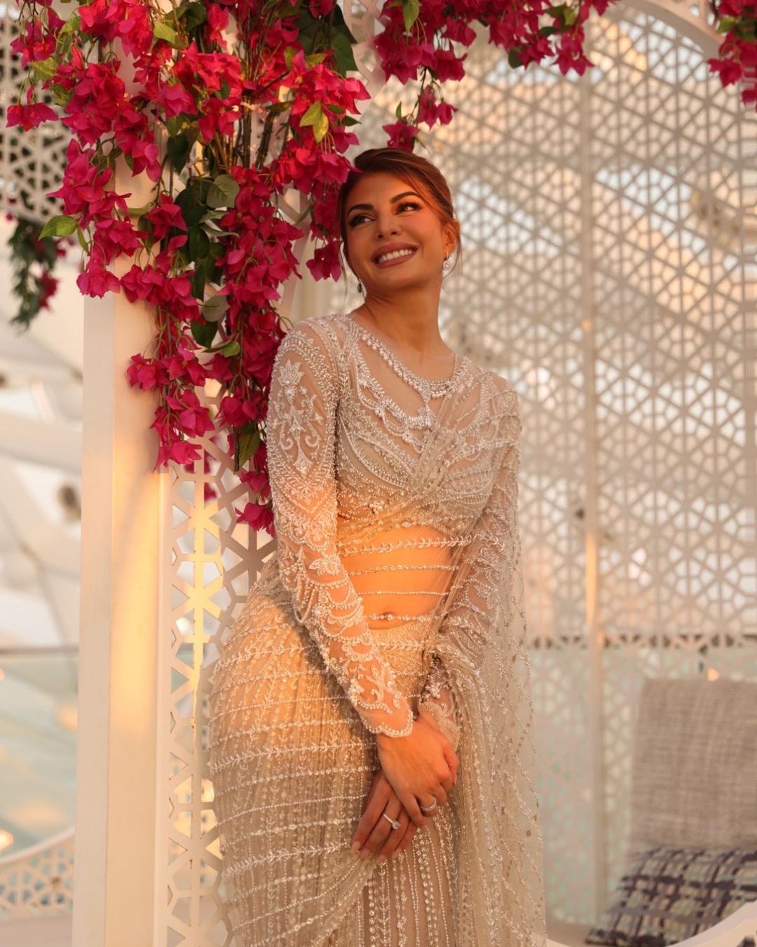 Jacqueline Fernandez looks chic in the embellished see-through saree