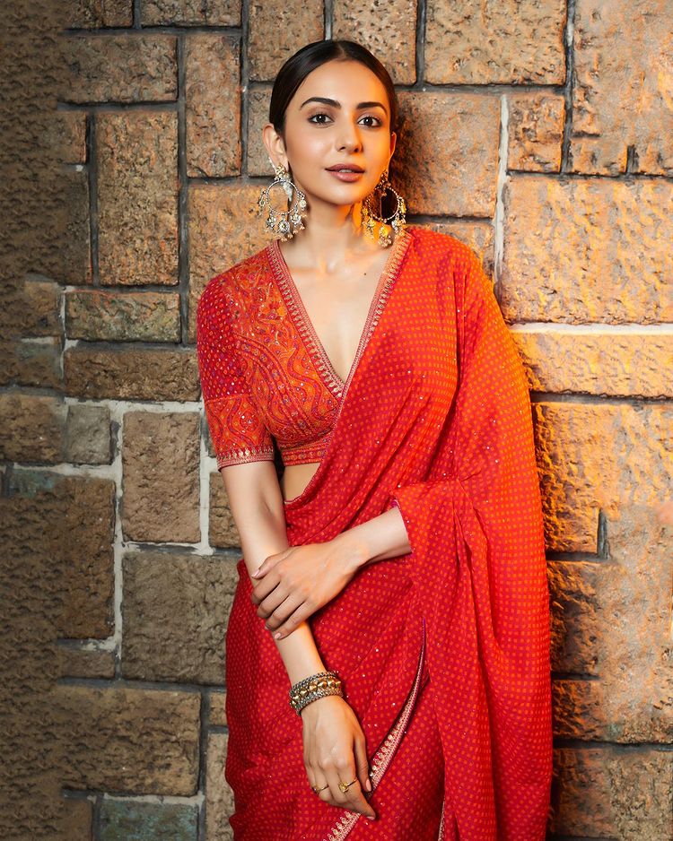 Rakul Preet Singh is a vision to behold in a printed chiffon saree with an embroidered blouse