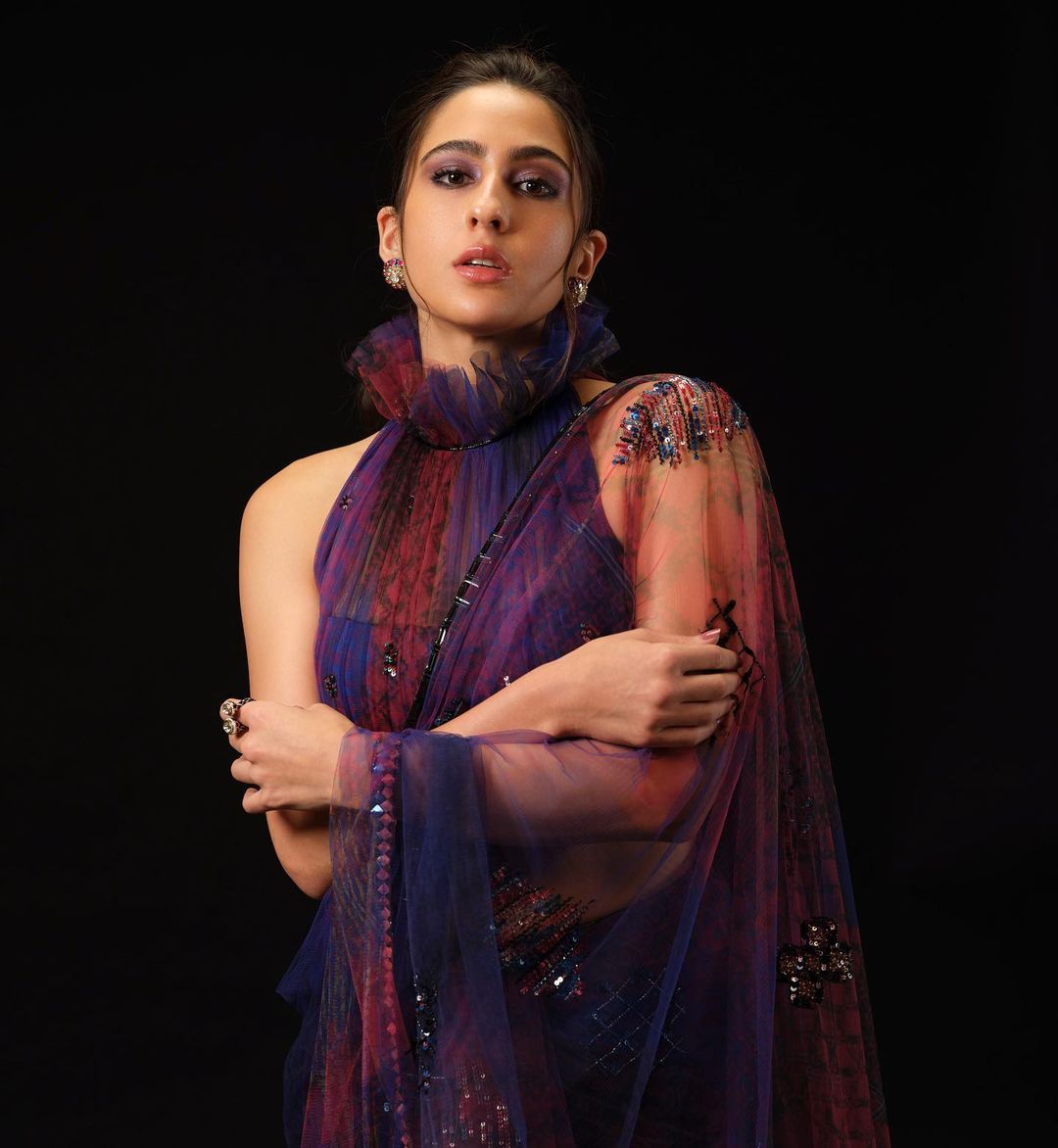 Sara Ali Khan Spells Elegance In Semi-sheer Purple Saree