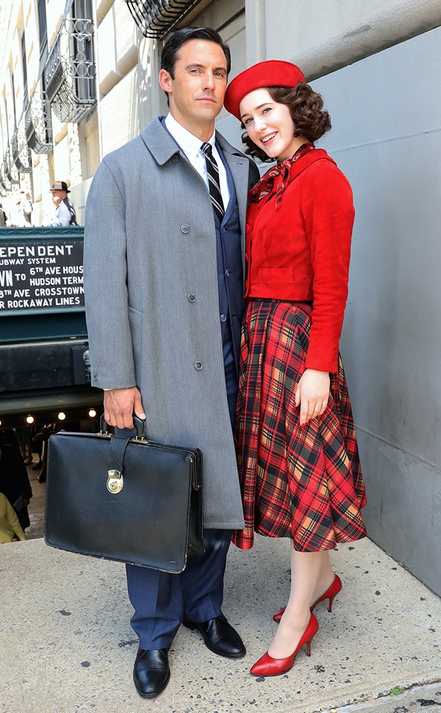 Milo Ventimiglia & Rachel Brosnahan In character! The costars are on set filming The Marvelous Mrs. Maisel in New York City.