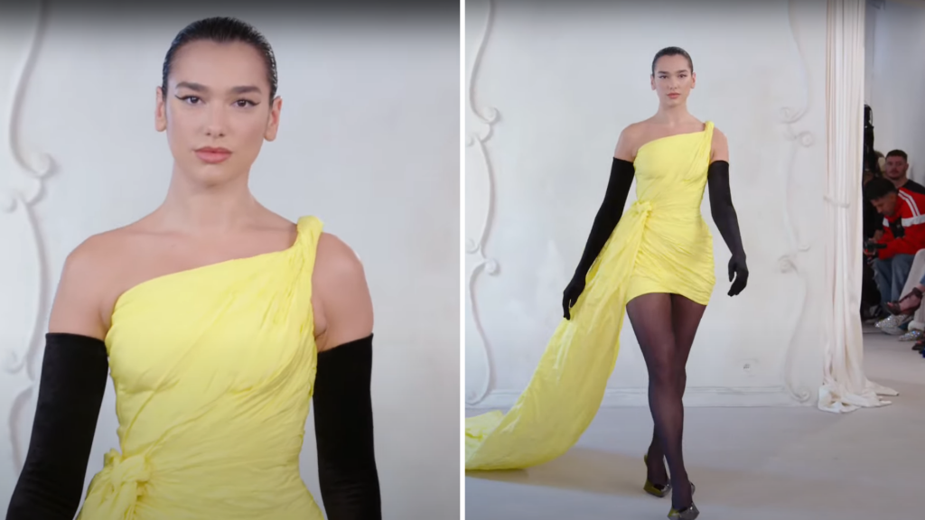 Dua Lipa walked in a canary yellow asymmetric mini dress with train styled