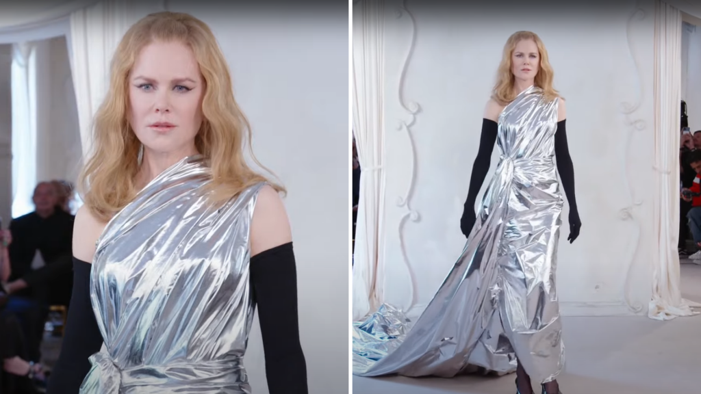 Nicole Kidmanâ€™s runway walk was as fierce as the dress â€“ an asymmetric silver metallic foil gown with an extra long train for maximum impact.