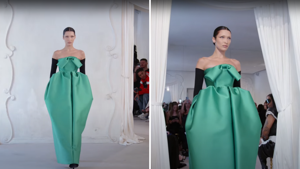One of the few looks with a pop of colour, Bella Hadid walked in a satin silk green bustier gown with bow detailing.