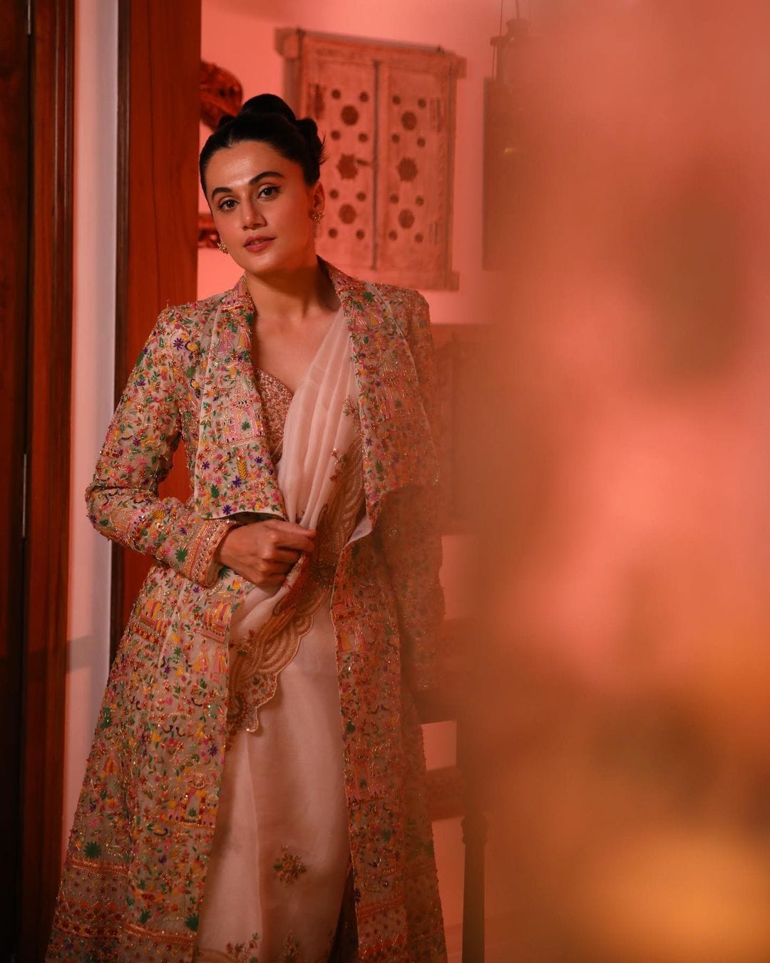 Taapsee Pannu cuts a striking figure in the tulle saree with the embellished jacket