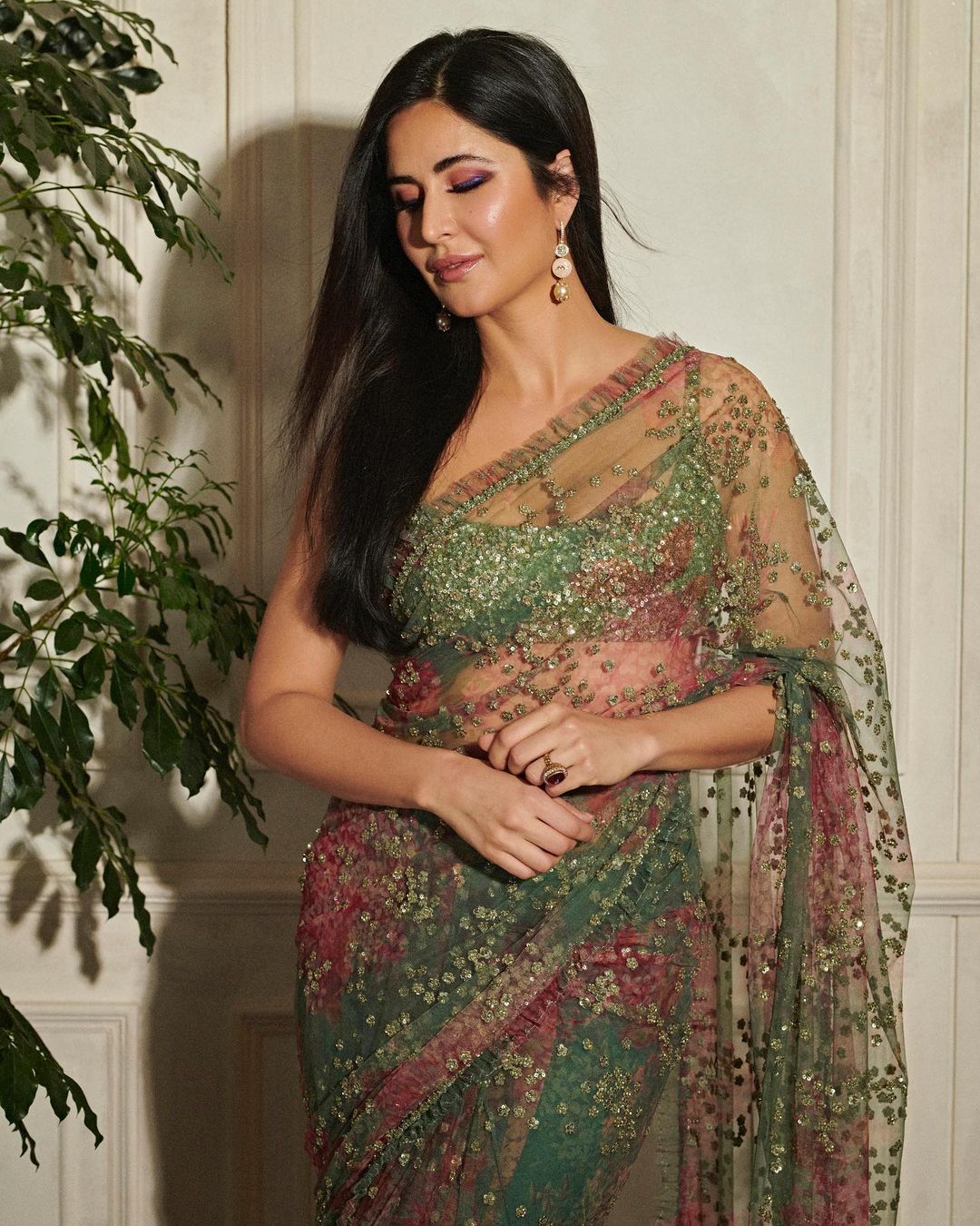 Katrina Kaif is a pcture of elegance in the shimmery semi-sheer saree