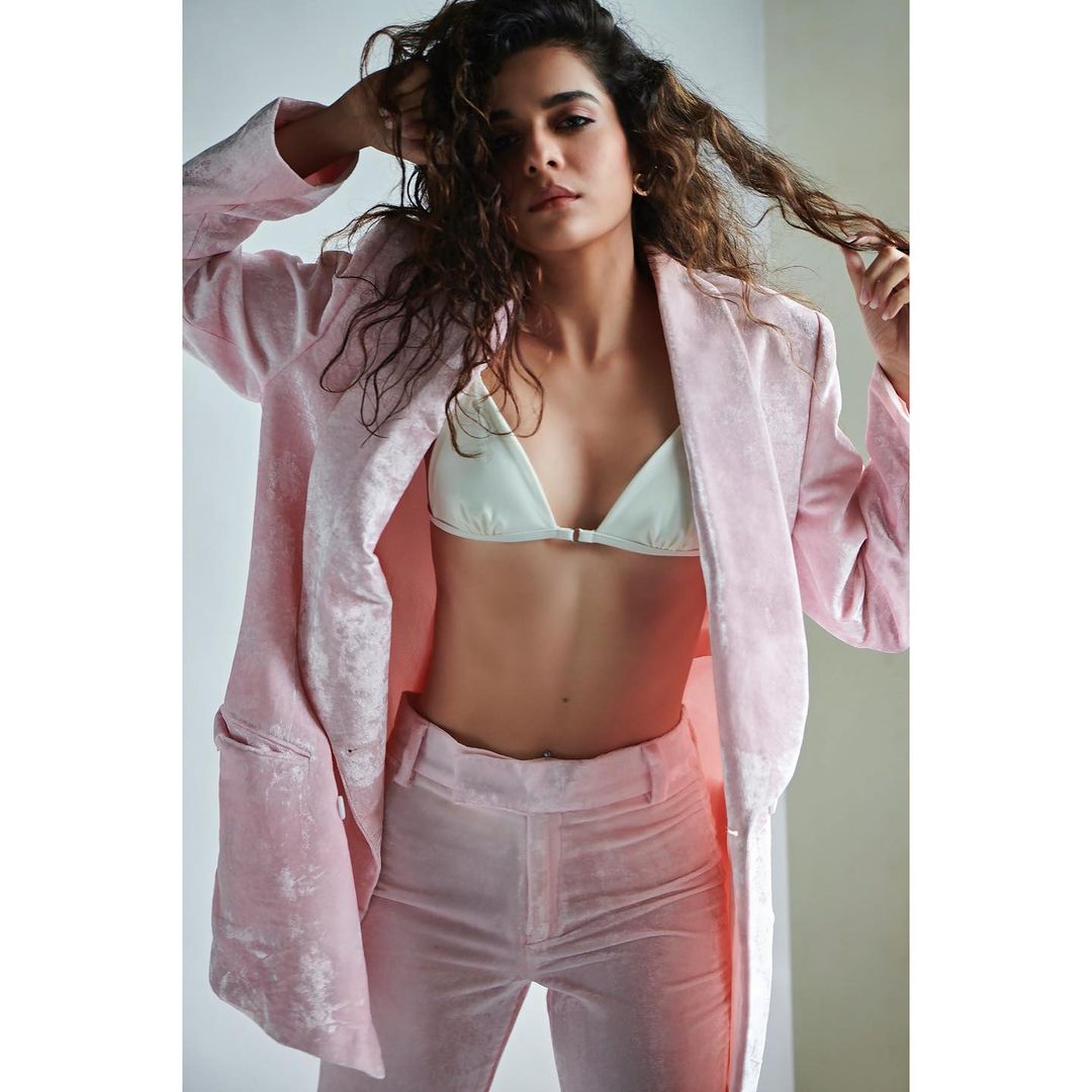 Mithila Palkar looks stunning in the pastel pink suit with a white bralette
