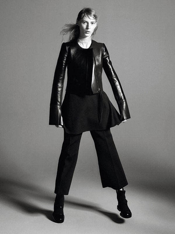 A Wonderful Monochromatic Shot Of Julia Nobis As She Models A Black Leather Jacket And An All-black Outfit.
