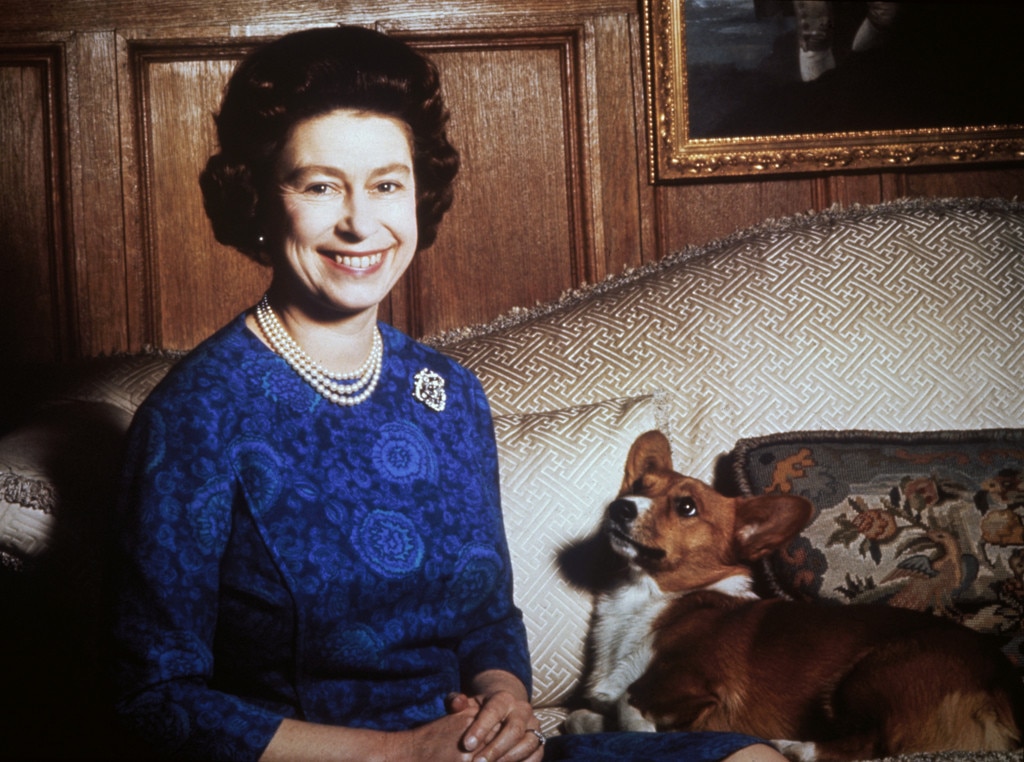 The Queen smiles as she poses with a corgi in 1970.