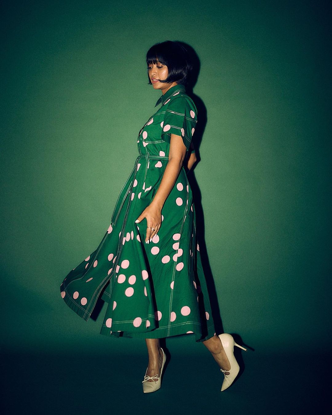 Sayani Gupta looks smart in a polka-dotted green midi dress