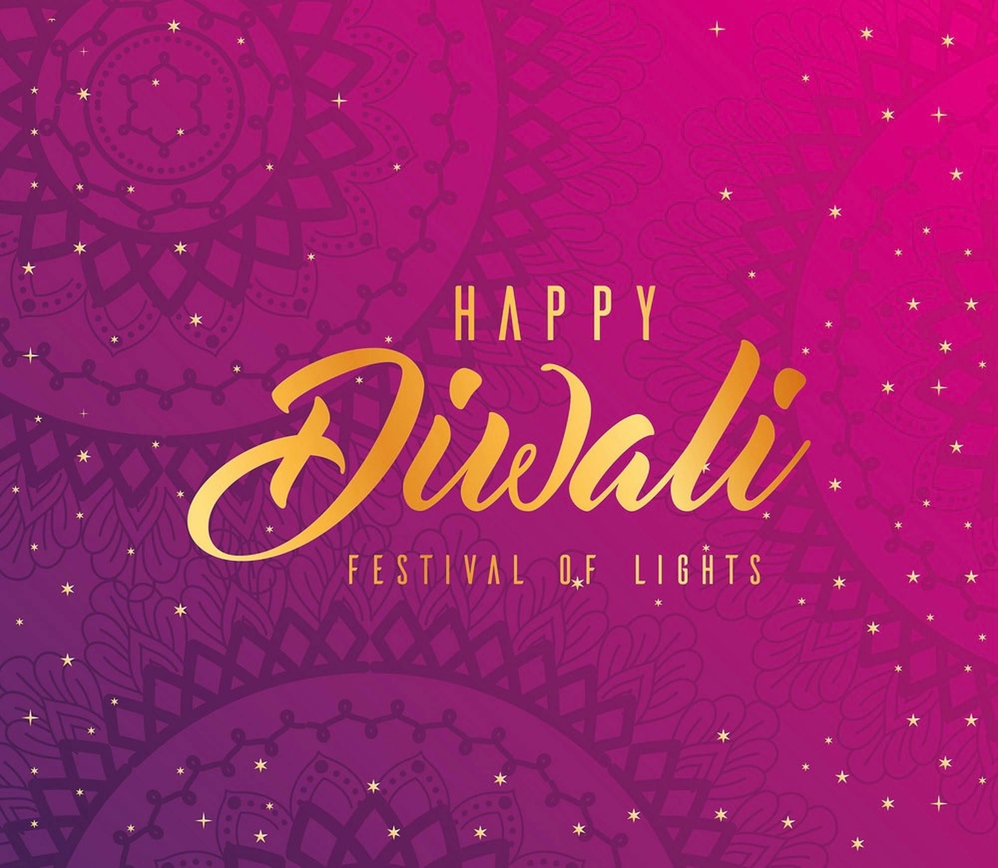An Intriguing Diwali Poster Displays The Words â€œhappy Diwali Festival Of Lightsâ€ On A Pink Background With Unique Motifs.