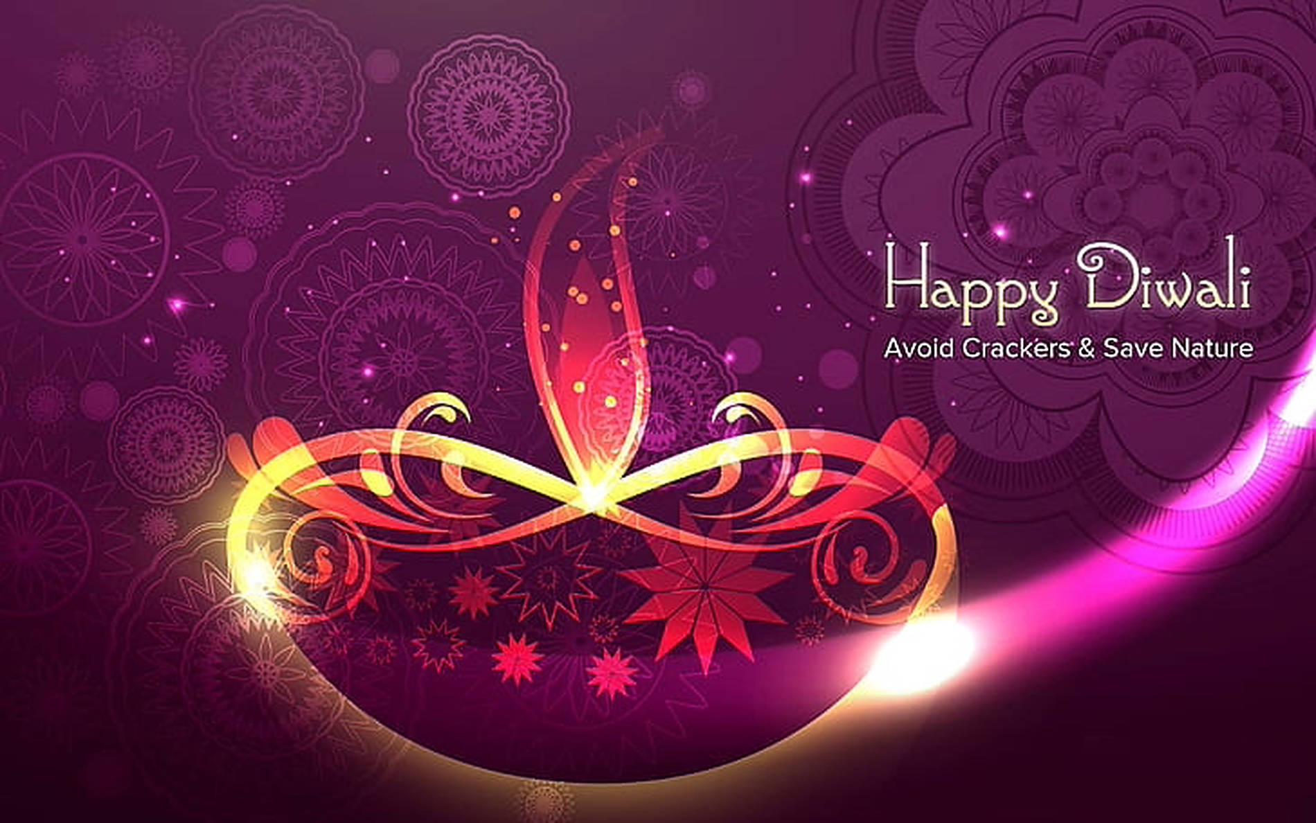 Beautiful Digital Poster Of A Brilliant Diya For Diwali, With Floral Designs And Neon Pink Flares On A Violet Background.