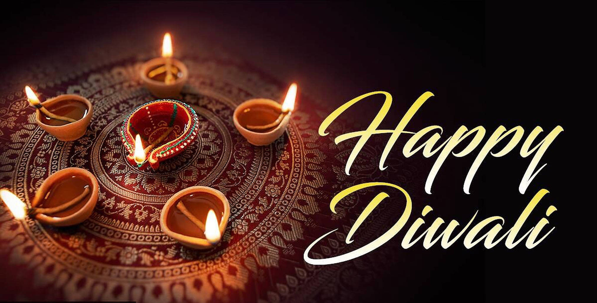 Beautiful Poster Of A Diya On The Left Side Of An Image With Red Background With Orbs Designs And Golden Text, 
