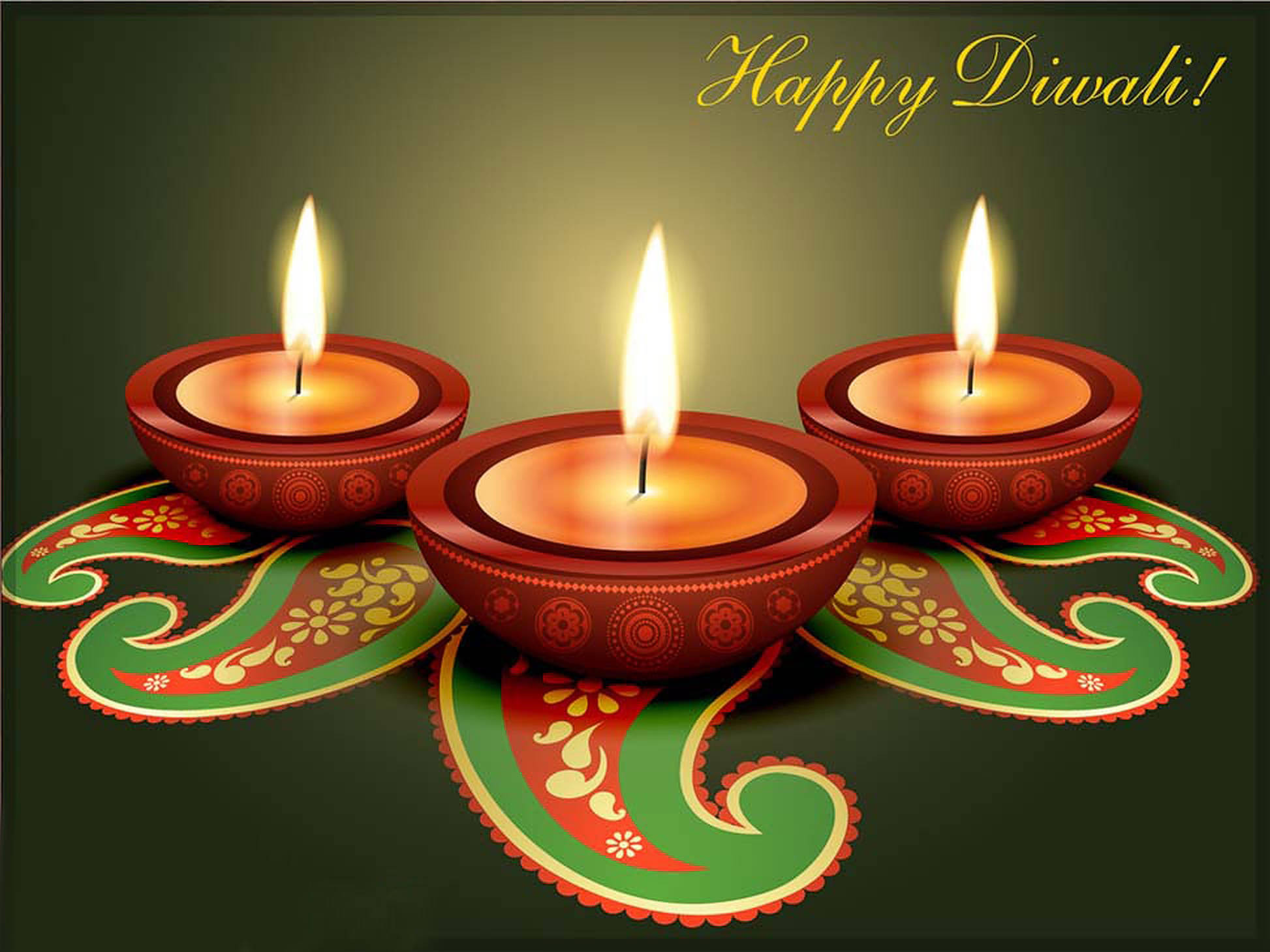 Fascinating Diwali Image Shows The Diya Lights In The Center With A Lovely Design Below Against A Green Backdrop.