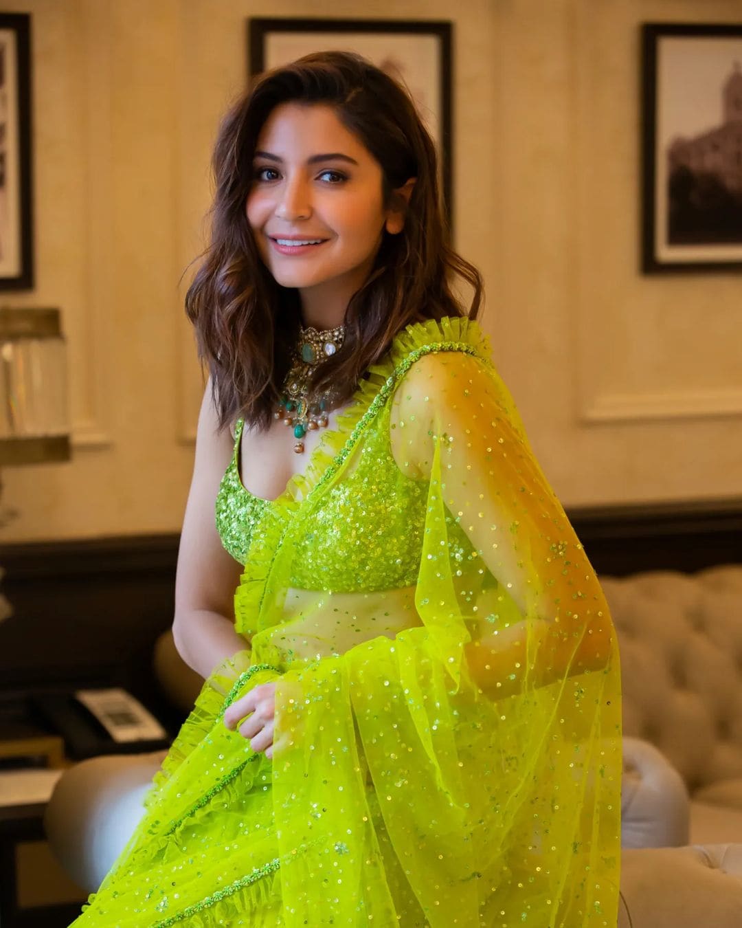 Anushka Sharma turned heads in a neon green see-through saree for Diwali 2022