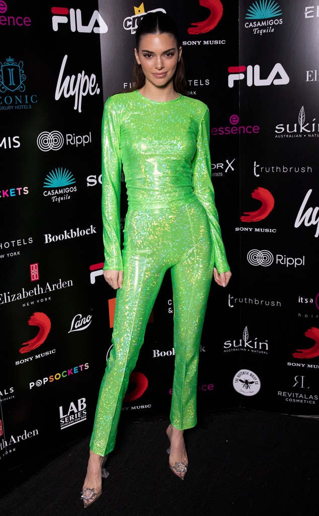 Kendall dons a sparkly neon green bodysuit to the Brit Awards.