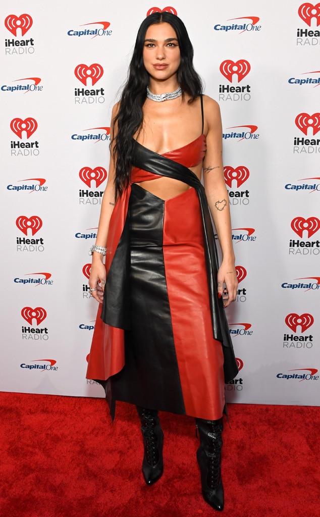 Singer Dua Lipa wows in a black and red cutout leather dress at iHeartRadio 102.7 KIIS FM's Jingle Ball 2022 in Inglewood, California