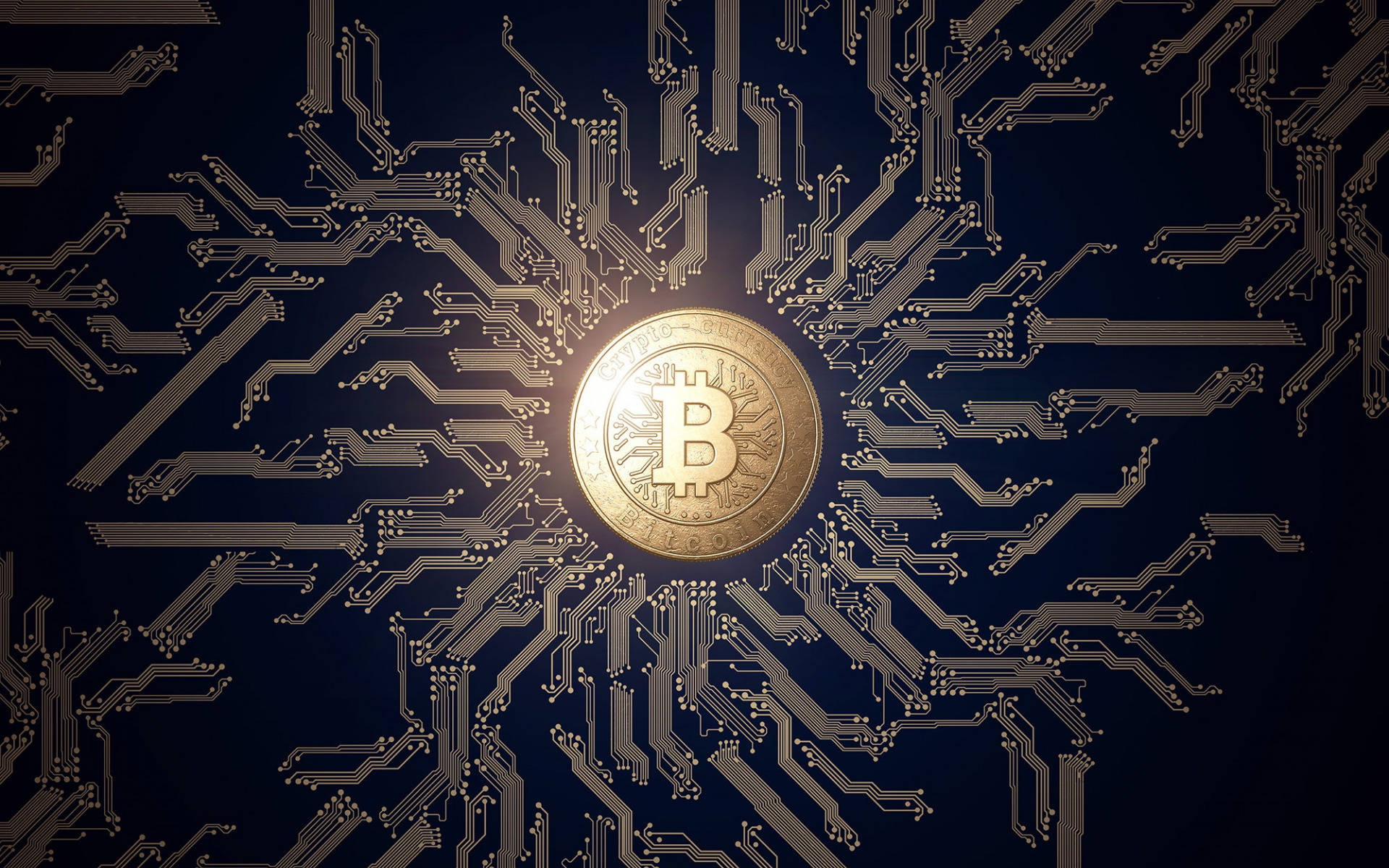 An Interesting Photo Of A Gold Bitcoin Against A Navy Blue Motherboard For A Crypto Desktop Background