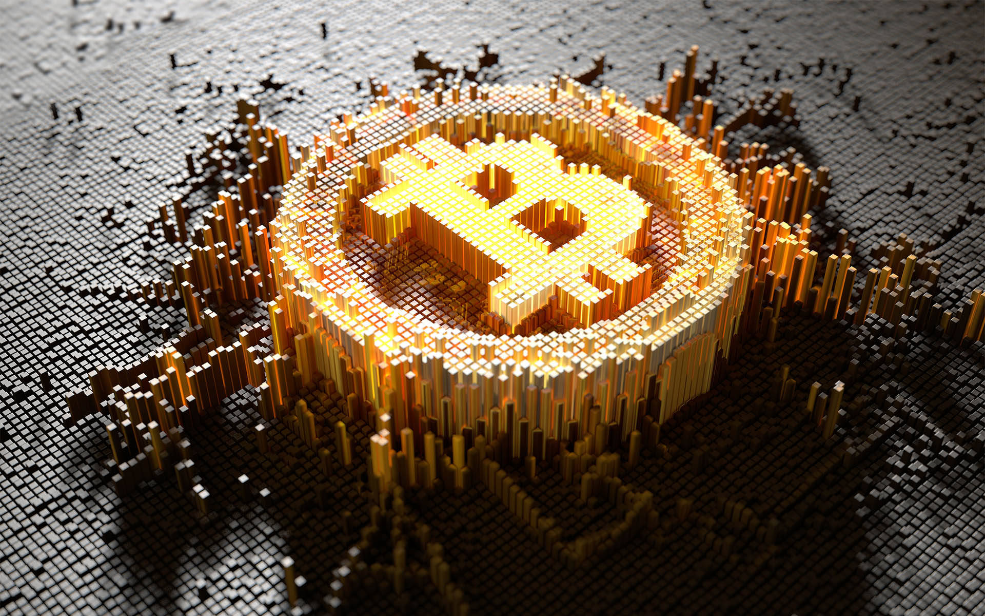 Graphic Of A Bitcoin Logo Made From Thousands Of Thin Square Pieces For A Futuristic Crypto Desktop Background