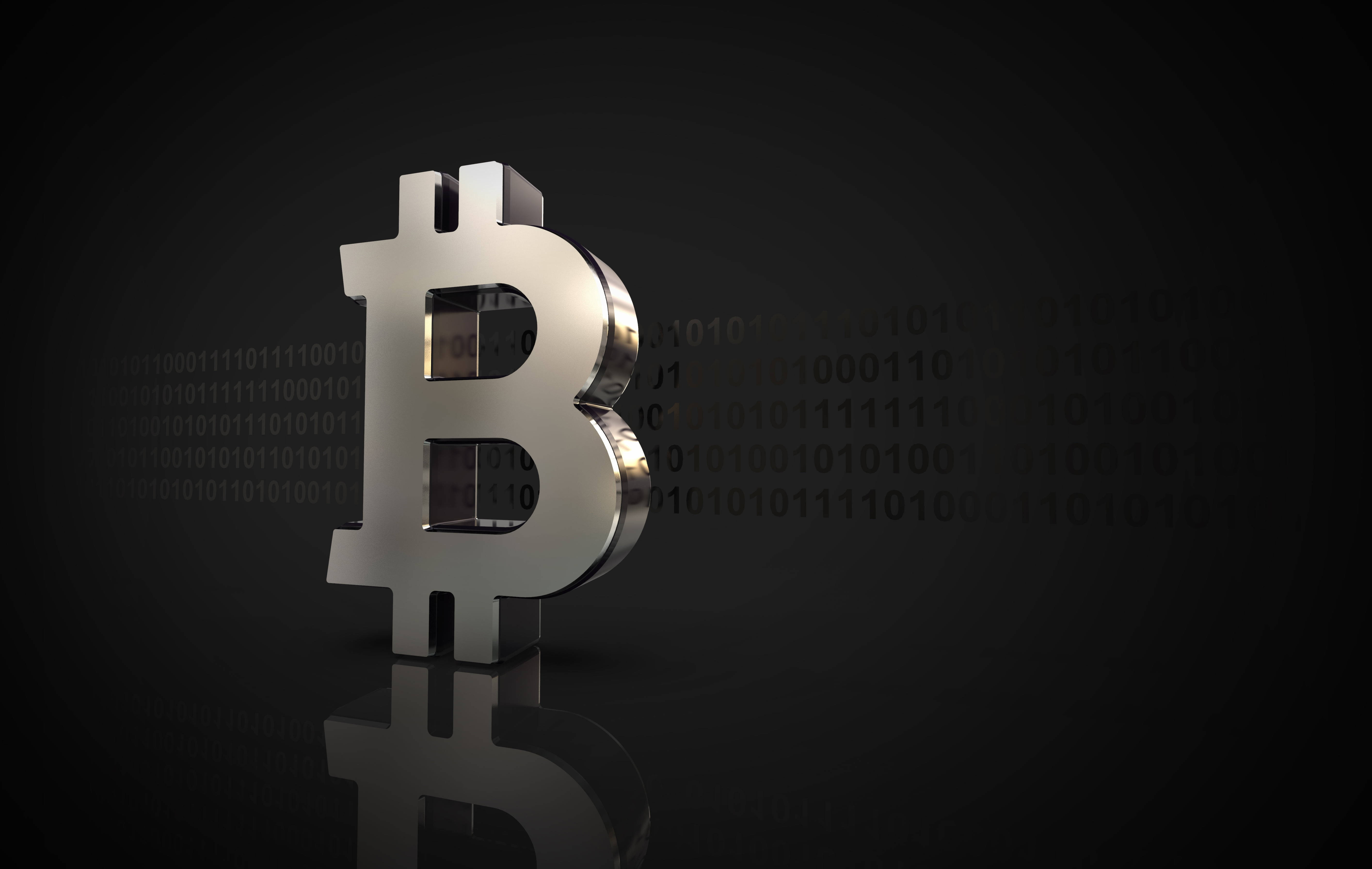 Interesting Graphic Of A Silver Bitcoin Logo Standing Against A Dark Backdrop With Binary Codes At The Middle For A Crypto Desktop Background.
