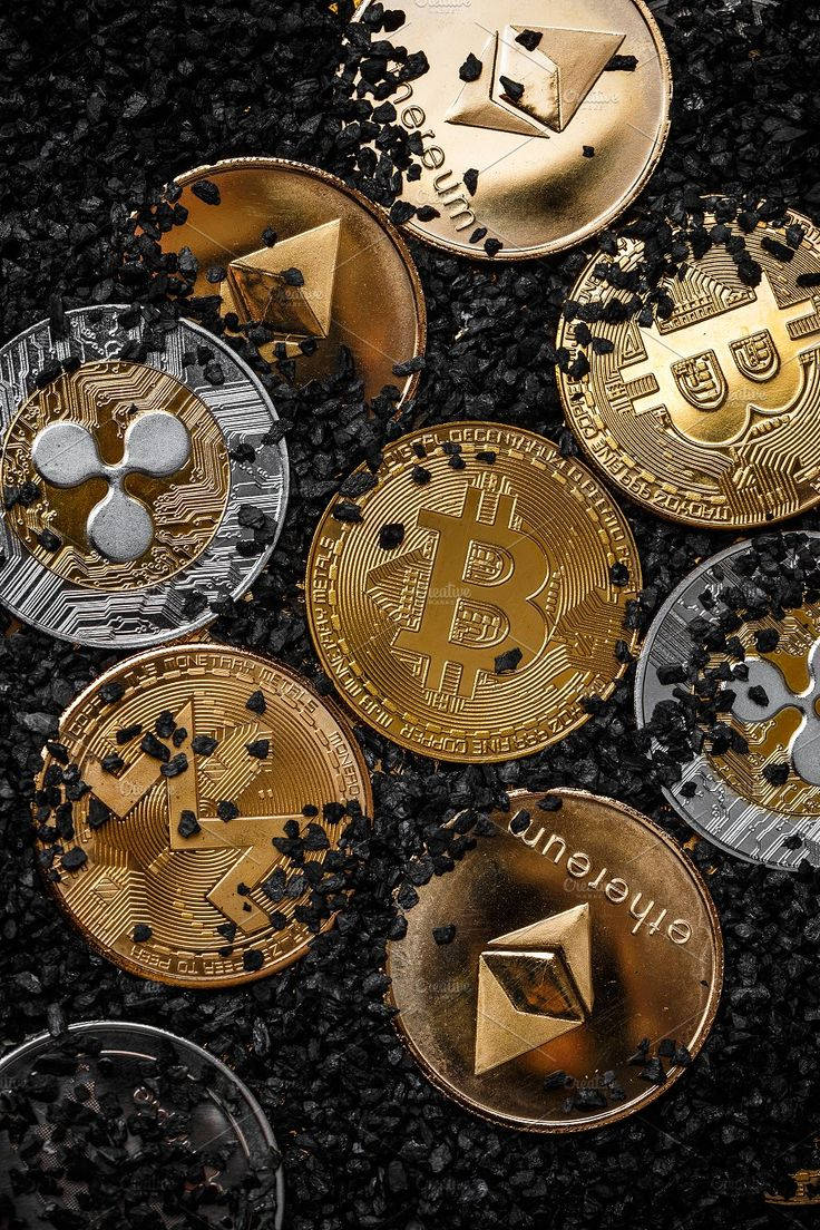 Photo Of Various Gold Bitcoins Covered In Small Black Rocks For A Crypto Phone Background