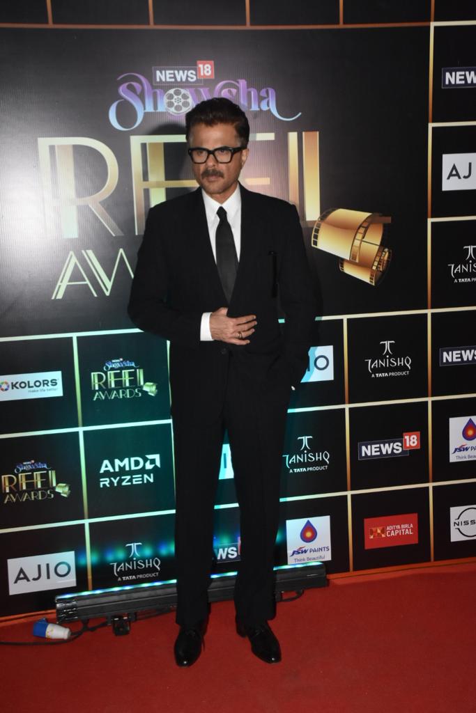 Anil Kapoor in black suit at the News18 Showsha Reel Awards 2023