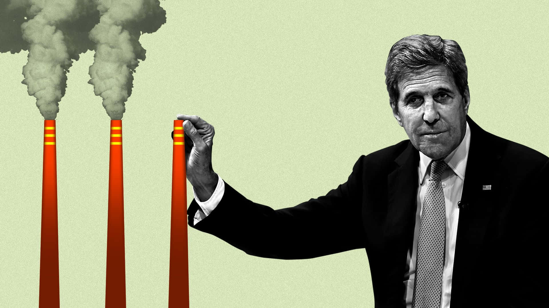 Digital Illustration About Climate Change Showing Us Climate Envoy John Kerry Covering The Opening Of A Factory Exhaust Pipe
