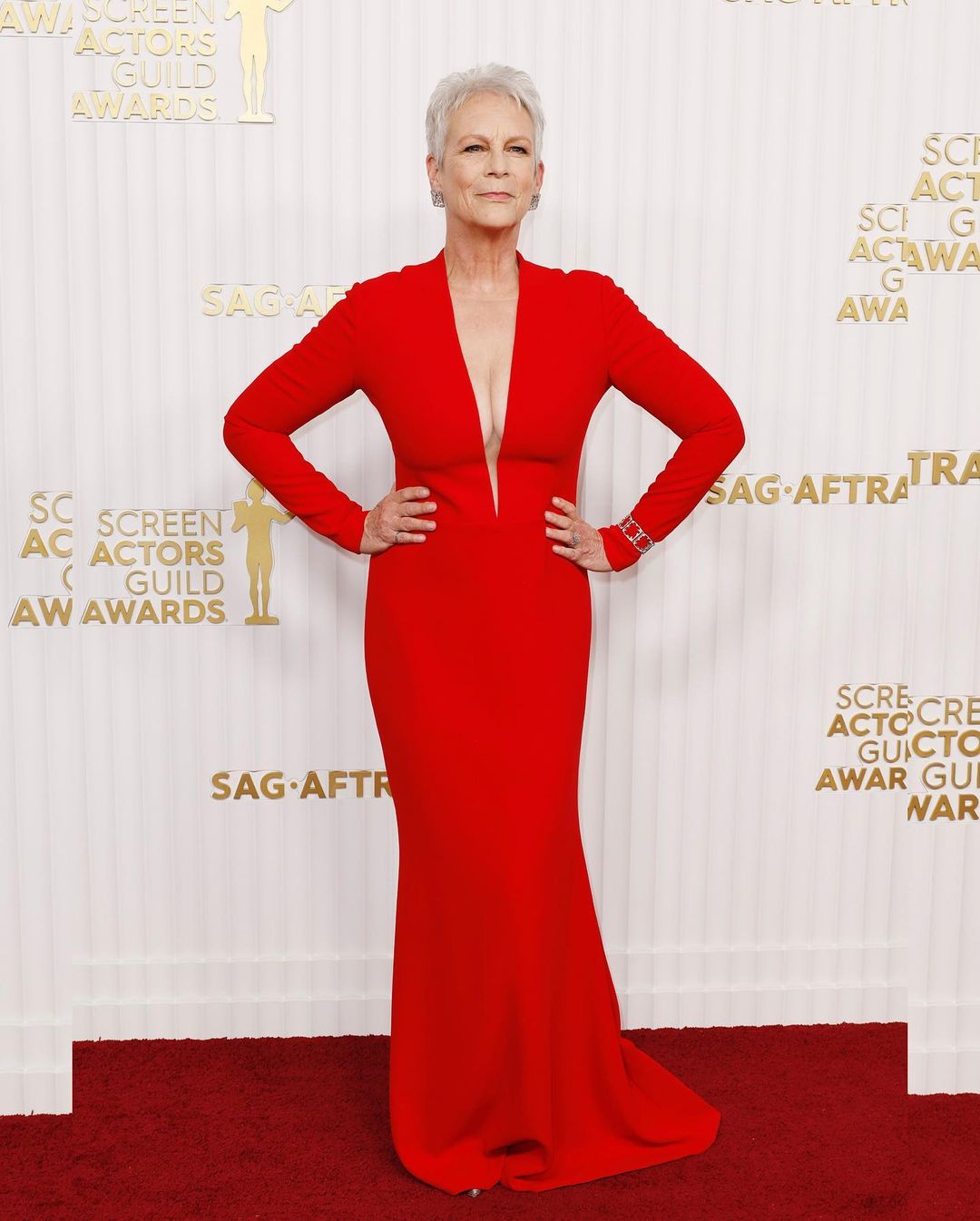 Jamie Lee Curtis looked ravishing in a red gown by Romona Keveza.