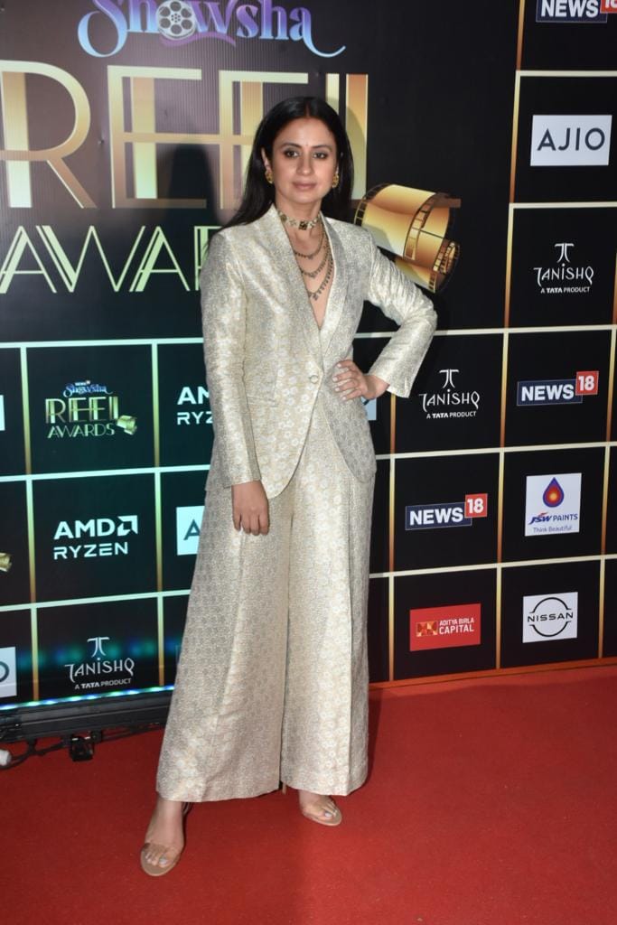 Rasika Dugal in shiny white pantsuit at the News18 Showsha Reel Awards 2023