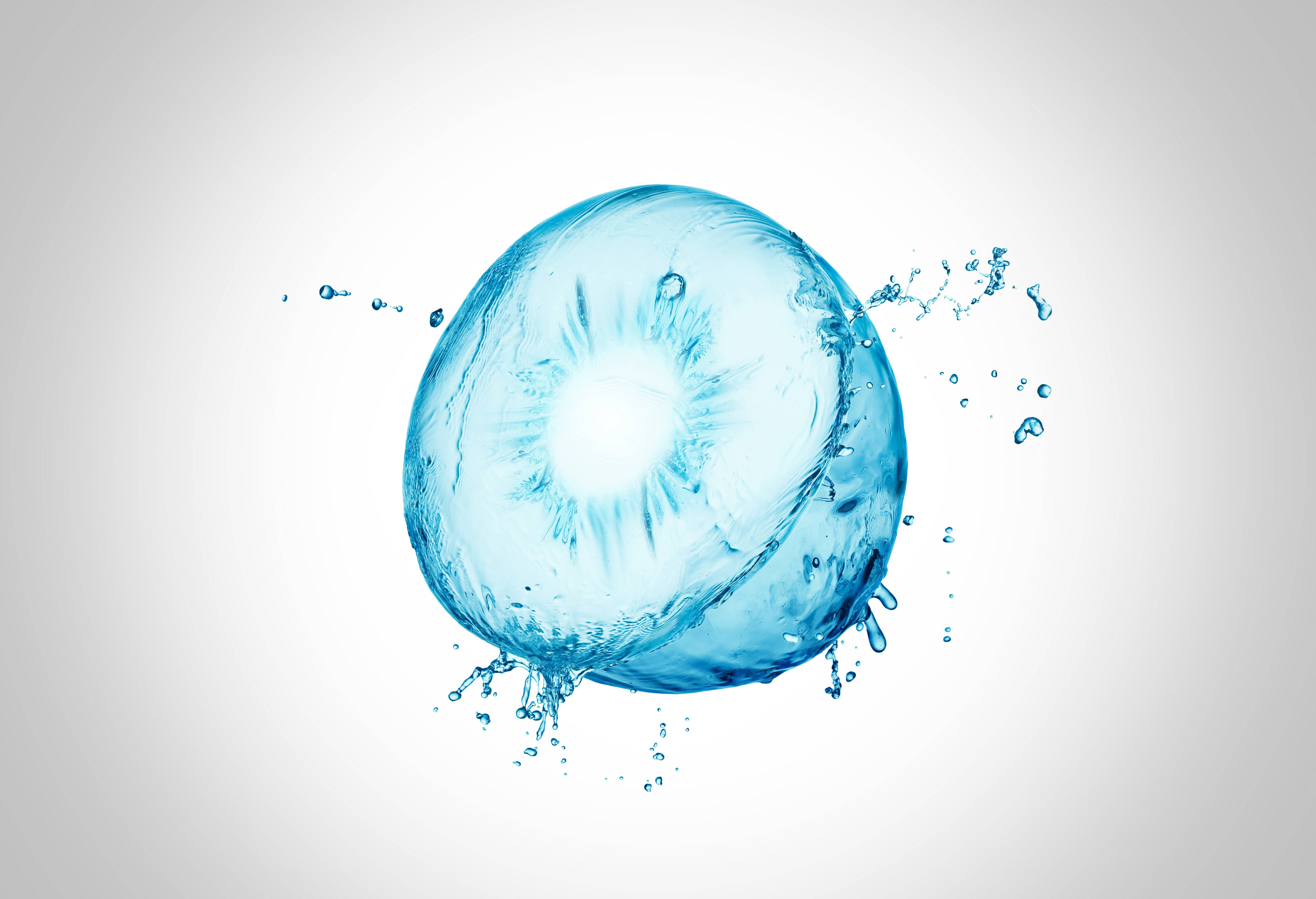 An Abstract Photo Render Of A Halved Kiwi Fruit Turned Into A Clear Blue Liquid Against A White Background