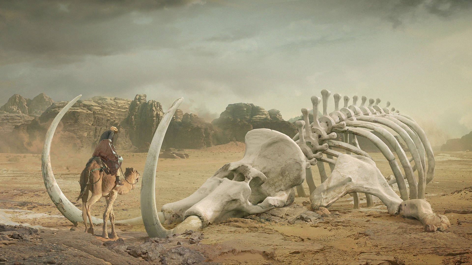 Man On His Camel Looking At The Giant Bones Of A Mammoth