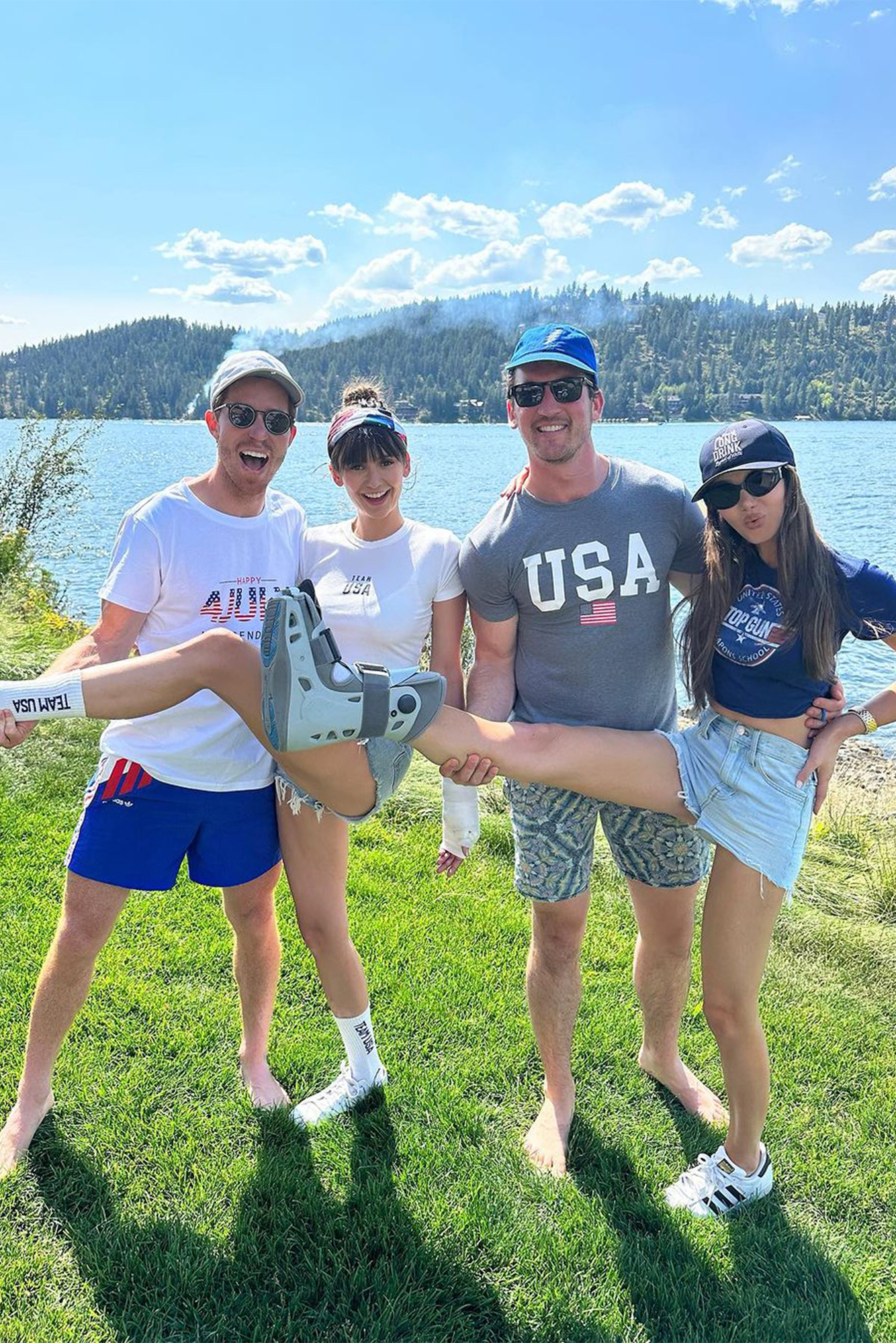 HAPPY ACCIDENTS: Not even a busted arm and foot can keep Shaun White (from left), Nina Dobrev and Miles and Keleigh Teller from enjoying the Fourth of July.