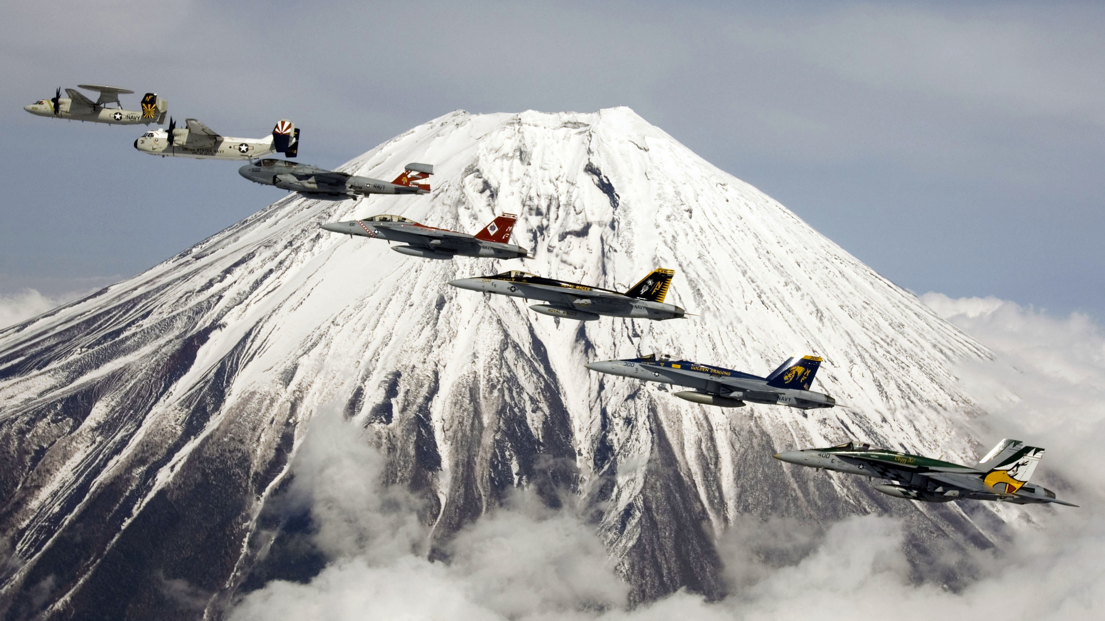 U.S. Navy aircraft carrier jet fighter mountain Fuji Japan