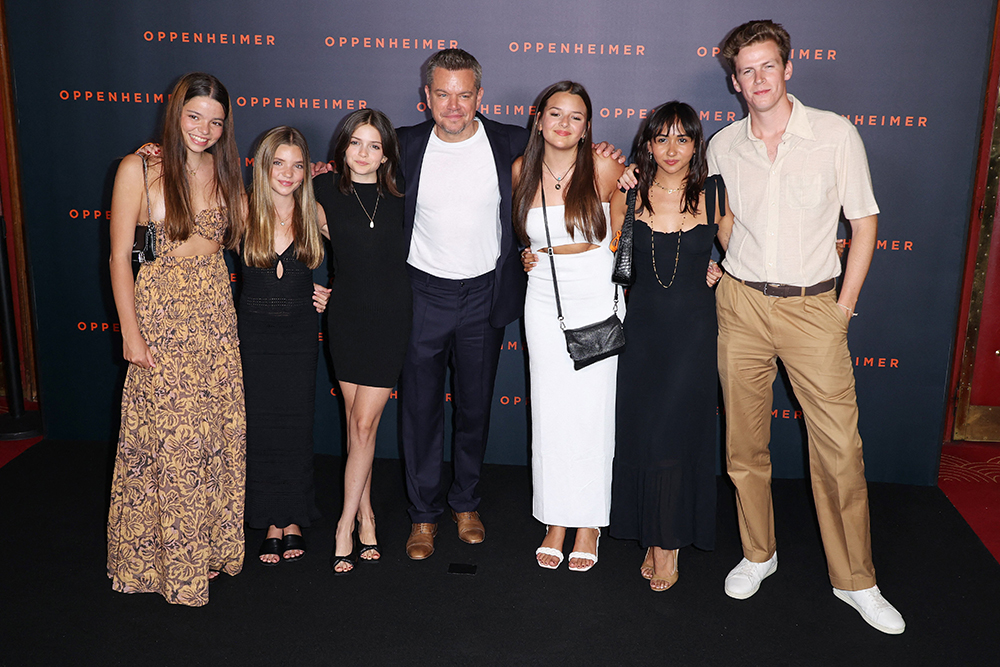 Matt Damon, Alexia Damon, Isabella Damon, Gia Damon and Stella Damon — plus two pals — attends the ‘Oppenheimer’ Premiere in Paris