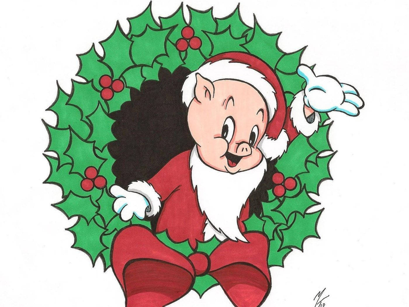 Cute Porky Pig cartoon character dresses as Santa Claus in the middle of the green Christmas mistletoe