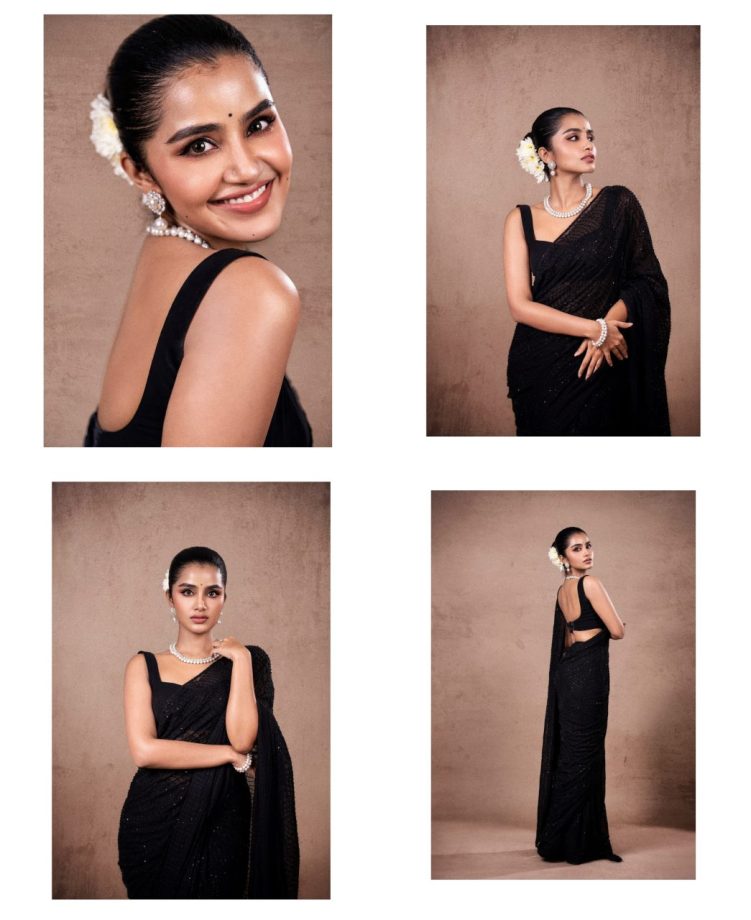 Anupama Parameswaran’s sleeveless, sweetheart-neckline velvet fabric blouse features a sequin embellishment. Pair it with a sequin-embellished black saree to let the details shine. Keep accessories minimal and opt for soft, minimal makeup.