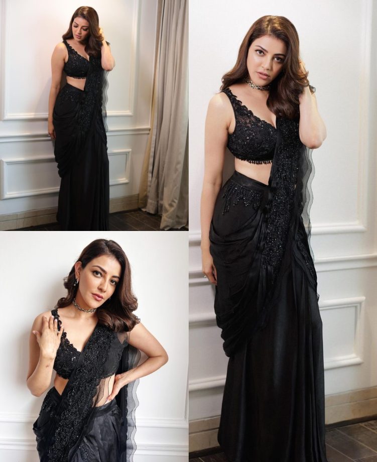 Kajal Aggarwal-  This sheer fabric blouse with floral cut-outs and sleeveless tassels attached blouse adds a modern twist to the traditional black saree look. Combine with a high-waisted black saree drape to accentuate the cut-out details. Add statement jewelry and a wavy hairstyle for a polished look.