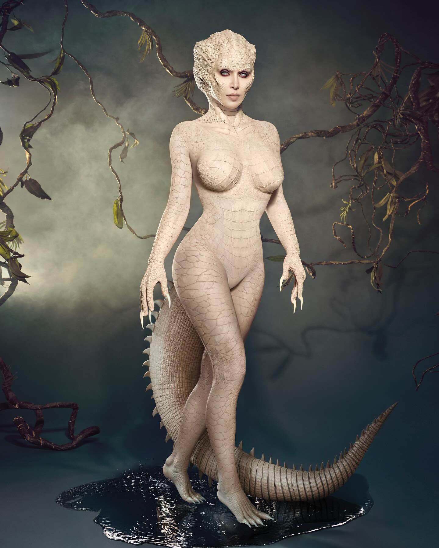 Kim Kardashian transformed into an “albino alligator” for Halloween.