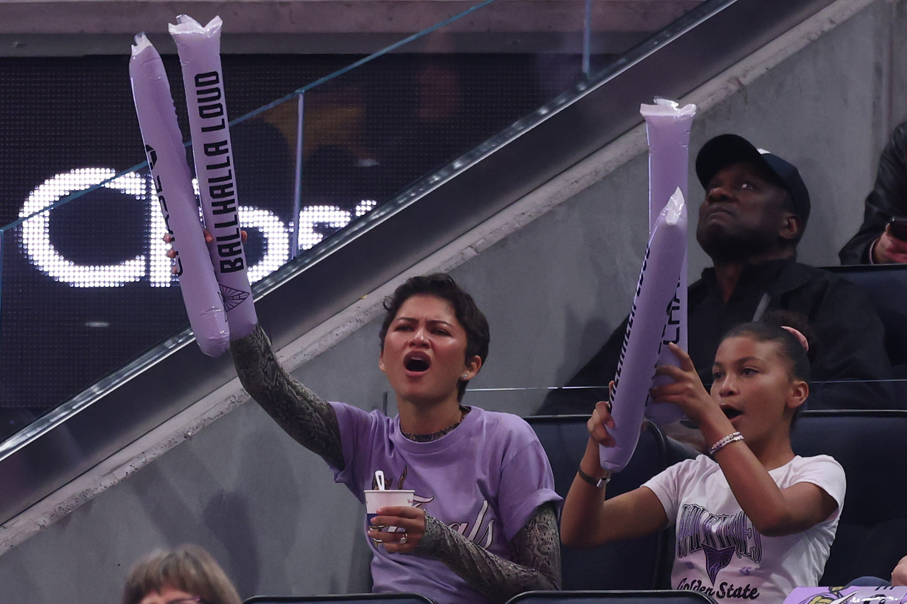 Zendaya cheers in the crowd during game five of the 2026 WNBA Finals between the Golden State Valkyries and the Atlanta Dream at Chase Center in San Francisco, Calif.